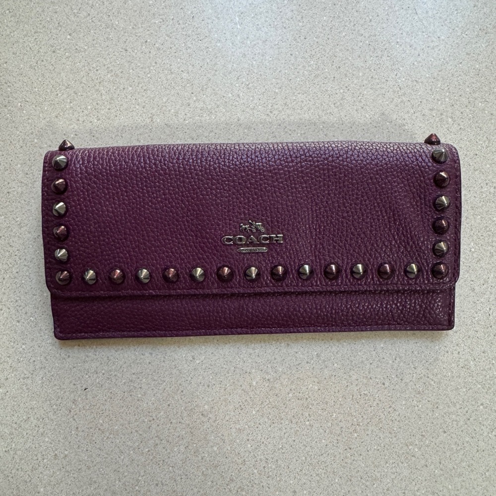 Coach Purple Pebbled Leather Studded Slim Envelope Wallet Gunmetal Studs